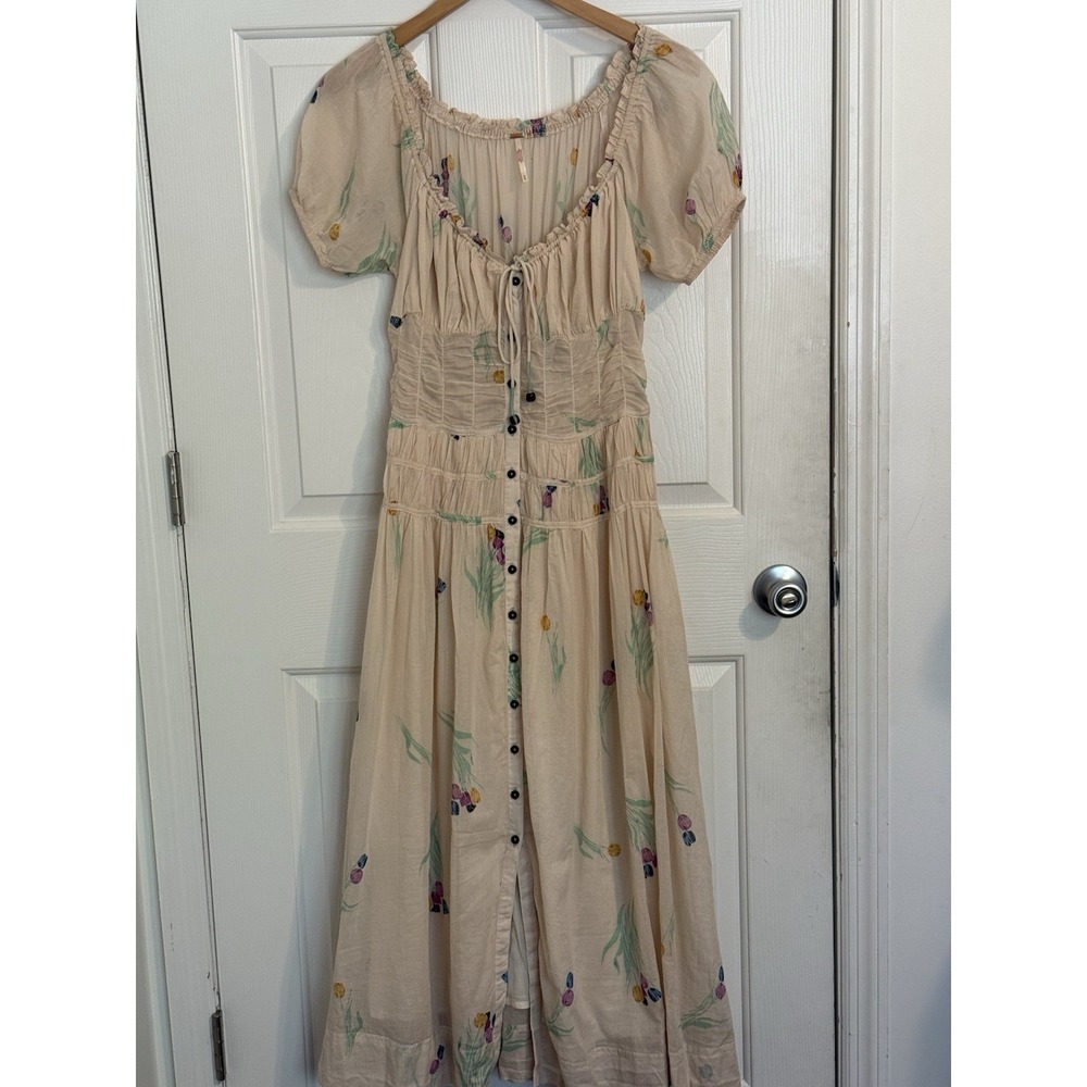 free people Beige Boho romantic Maxi Dress Size M Square Neck Smock Puff Sleeve